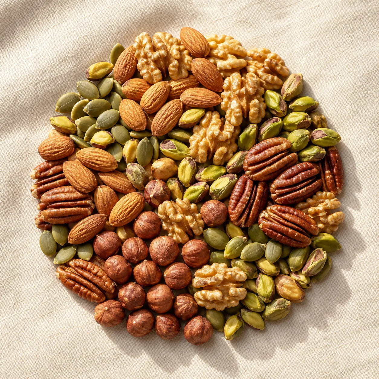 Overhead view of the Dayworthy blend with almonds, walnuts, pumpkin seeds, pistachio kernels, pecans and hazelnuts in balanced proportion